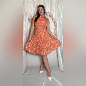 Nanette Lapore Shirred Orange Print Pleated Midi Dress